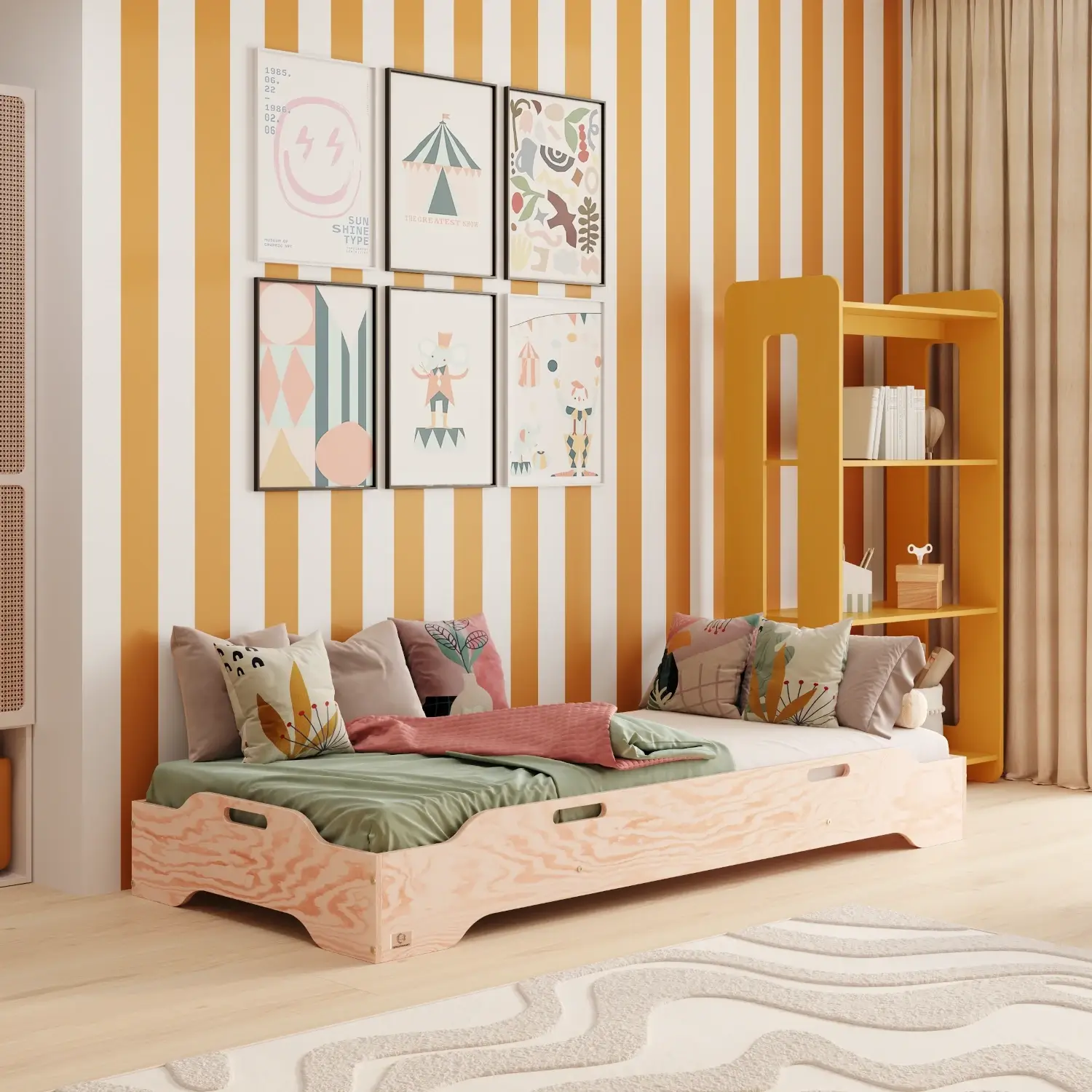 Łóżko pojedyncze dla dzieci podłogowe ze stelażem TILA 8 Montessori Drewniane